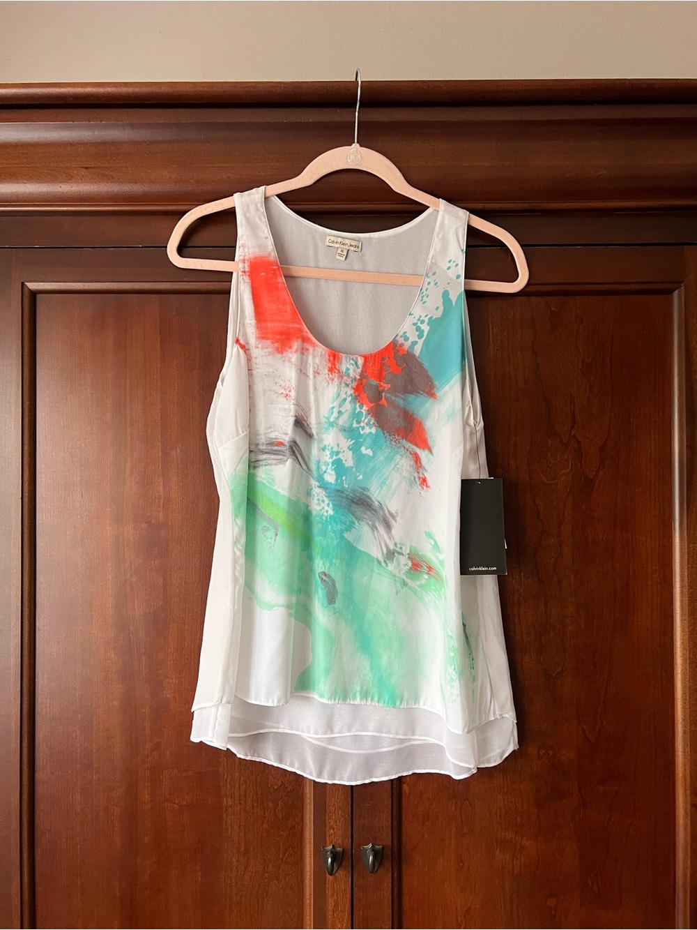 Calvin Klein Jeans White Tank Top with Teal & Coral Brushstroke Print